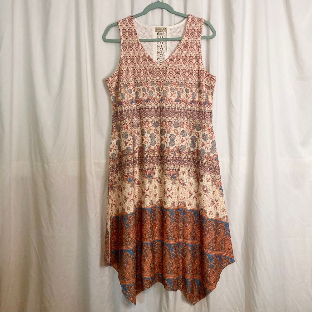 Boho Fairycore Patchwork Paisley Beaded Handkerchief Hem Midi Dress One World M